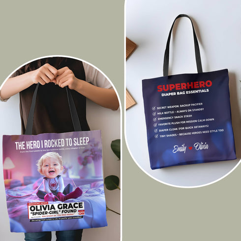 Personalized Baby Superhero Tote Bag – Custom Spider-Girl Gift with Name & Photo for Mom